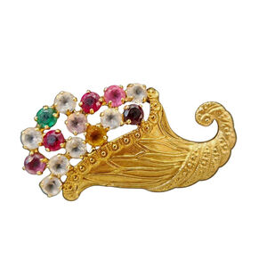 Vintage B. David Cornucopia Horn of Plenty Brooch Goldtone Crystal Colorful Pin